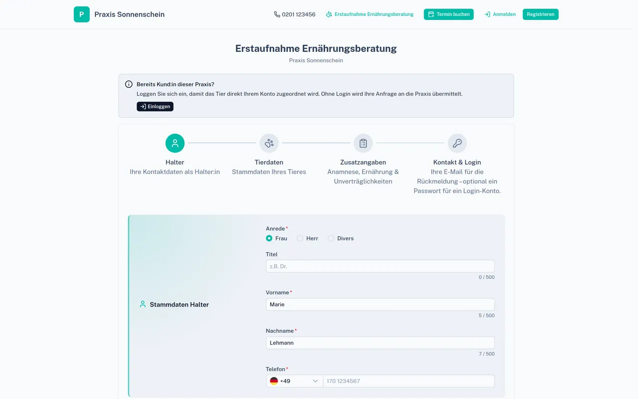 Online-Fragebogen einer Praxis in Futterio: Halter-, Tier- und Fütterungsdaten Schritt für Schritt